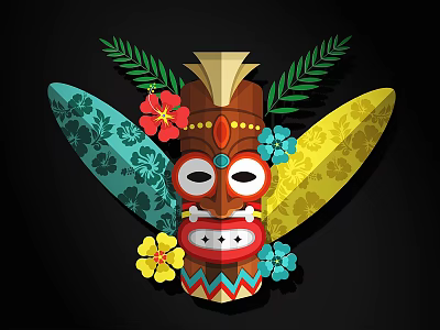 Decorative Tiki Mask With Patterned Surfboards Colorful Flowers And Tropical Leaves 3d model