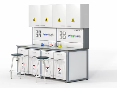 Laboratory Workbench Setup With Upper Cabinets Warning Signs Reagent Bottles And Stools 3d model
