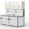 Laboratory Workbench Setup With Upper Cabinets Warning Signs Reagent Bottles And Stools