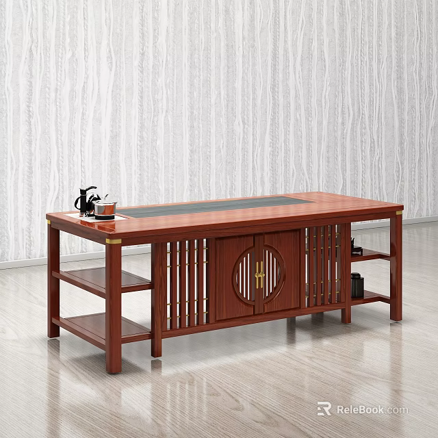 Traditional Wooden Tea Table With Slatted Doors Circular Pattern Shelves And Tea Set 3d model