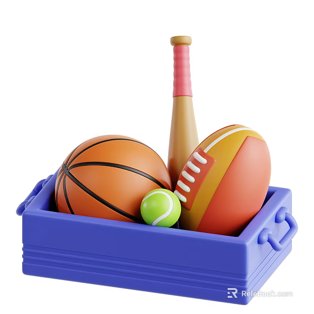 Sports Equipment Storage Box Containing Basketball Football Tennis Ball And Baseball Bat 3d model 