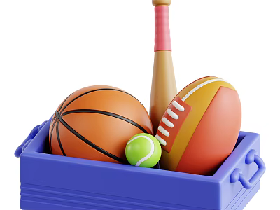 Sports Equipment Storage Box Containing Basketball Football Tennis Ball And Baseball Bat 3d model