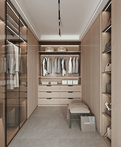 Modern Walk In Closet Interior With Hanging Clothes Drawers And Storage Baskets 3d model