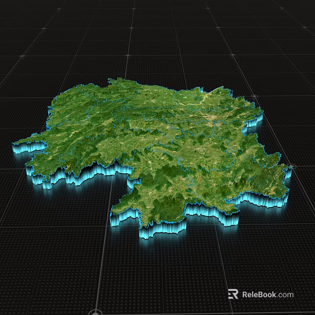 3D Terrain Model With Green Landscape Blue Border And Black Grid Background 3d model 