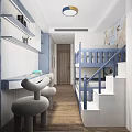 Kids Room With Loft Bed Staircase Pink Walls Bookshelf Desk And Round Mirror
