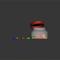 Silver Storage Jar With Open Red Lid And Colorful Small Round Pieces On Black Surface