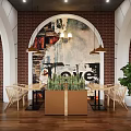 Cozy Café Interior With Arched Windows Red Brick Walls Pendant Lights And Green Plants