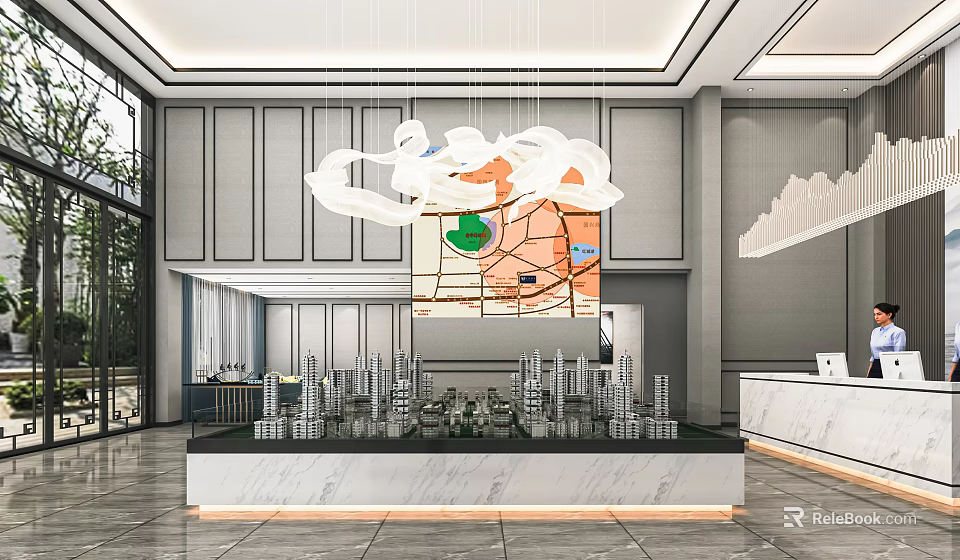 Elegant Sales Office Interior Design With Modern Chandelier Building Models And Area Map 3d model 