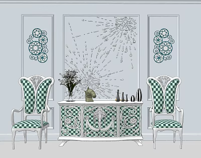 European-style Entrance Cabinet Cabinet Chair Wall Decorations Combination 3d model