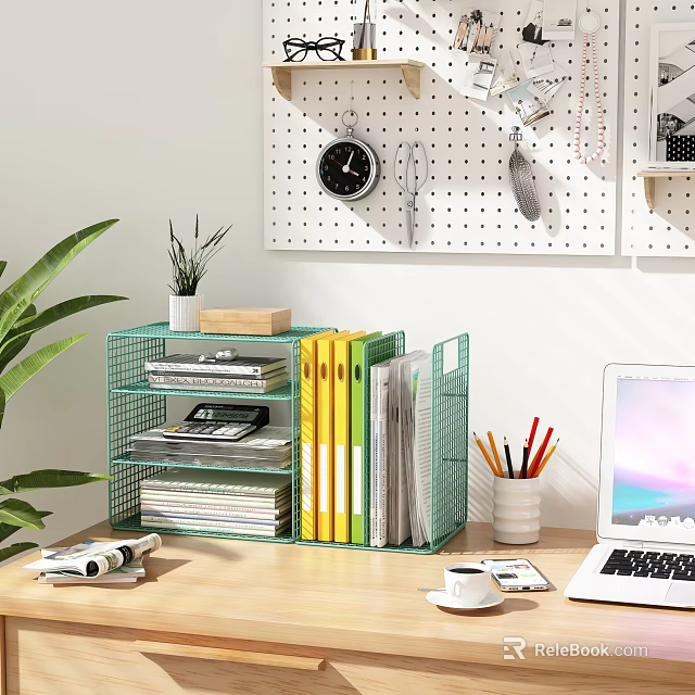 Green Metal Bookshelf in Home Office with Books Files Laptop Coffee Cup Pencils and Plant 3d model 
