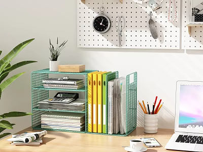 Green Metal Bookshelf in Home Office with Books Files Laptop Coffee Cup Pencils and Plant 3d model