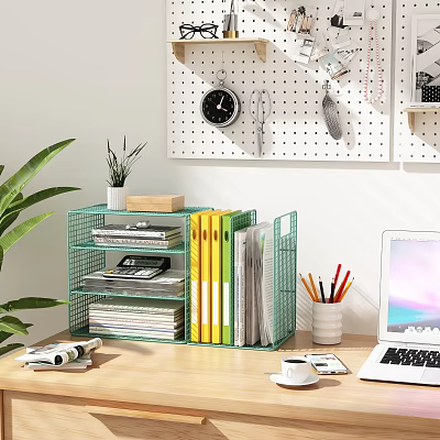 Green Metal Bookshelf in Home Office with Books Files Laptop Coffee Cup Pencils and Plant 3d model