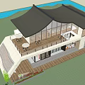 Modern Building Exterior With Black Roof Large Glass Windows Cafe Terrace And Green Lawn