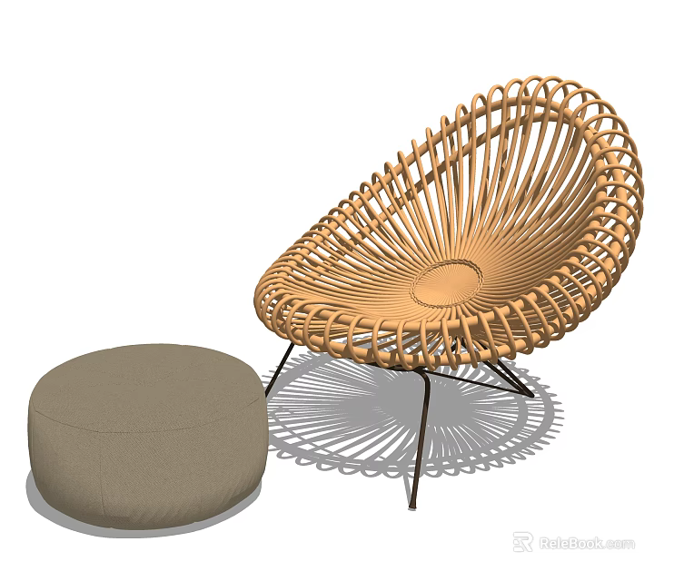 Natural Woven Rattan Lounge Chair With Curved Design And Upholstered Ottoman Metal Legs 3d model 