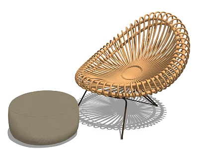 Natural Woven Rattan Lounge Chair With Curved Design And Upholstered Ottoman Metal Legs 3d model