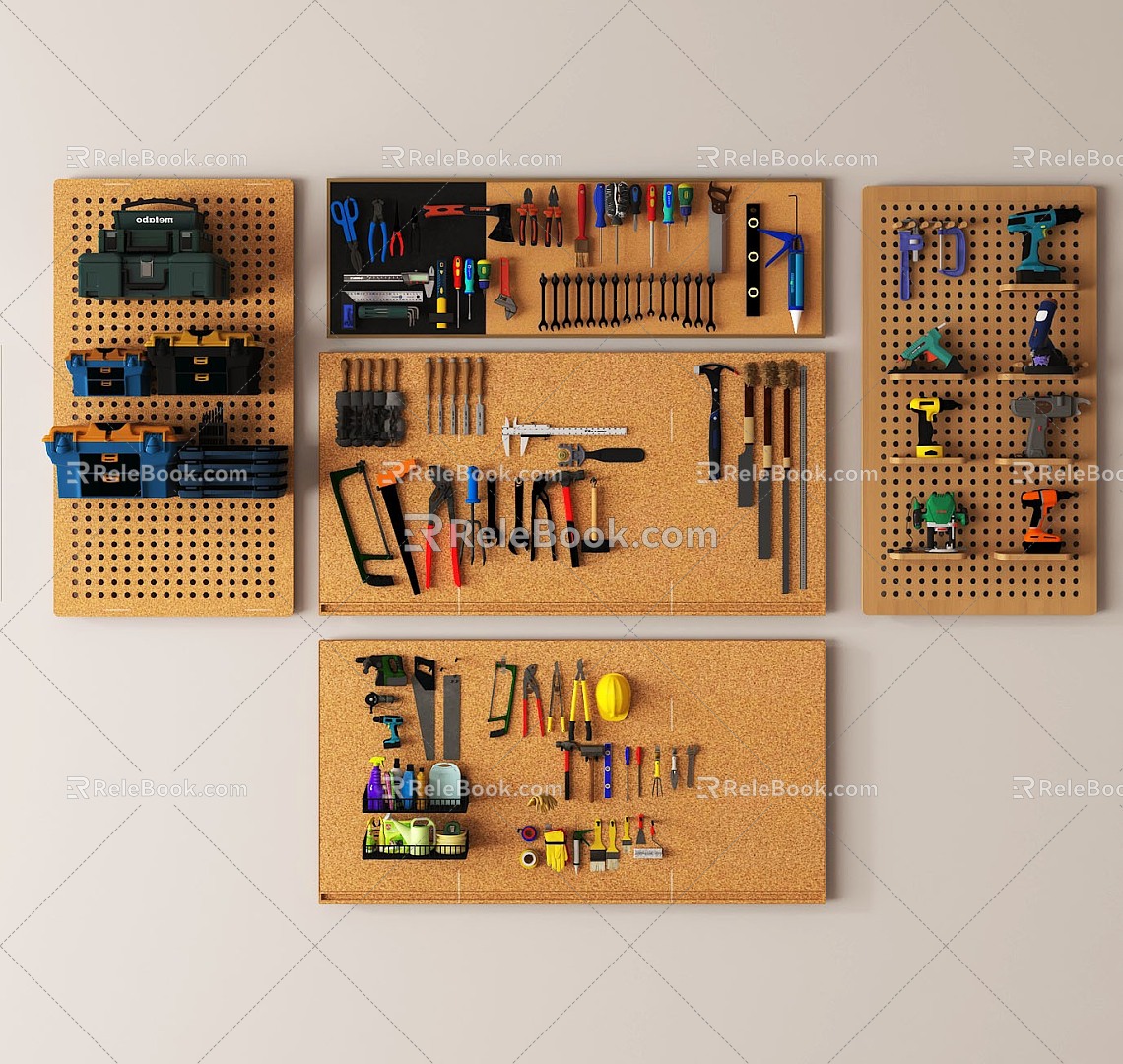 Tools Hardware Tools Pliers Electric Drill Hammer Hole Board 3d model