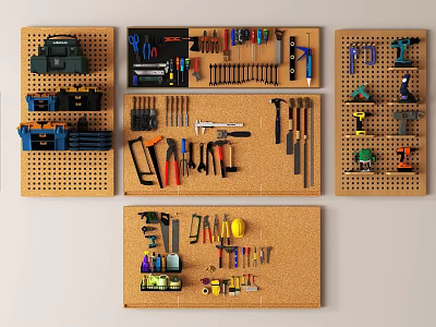 Practical Hardware Tools Organized on Pegboard and Corkboard Wall Display Panels 3d model