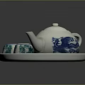 Traditional Blue And White Ceramic Tea Set With Teapot Teacups On Tray 3d model