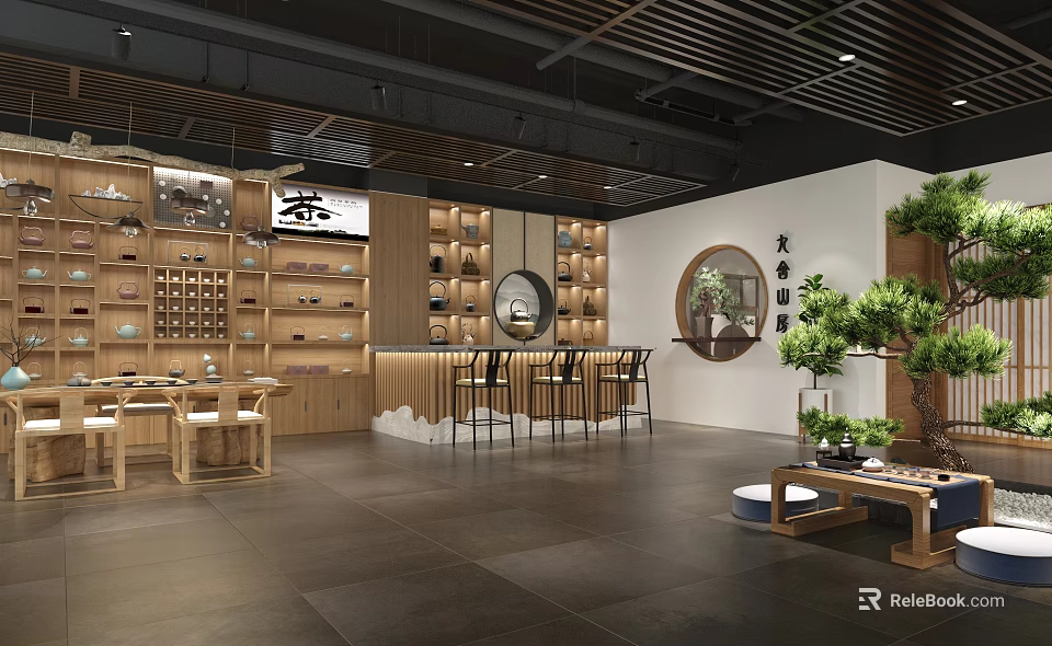 Modern Tea Specialty Store With Wooden Shelves Bar Counter Green Plants And Open Layout 3d model 