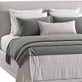 Elegant Double Bed With Gray Headboard Multiple White Pillows And Striped Bedding 3d model
