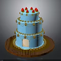 Two Tier Blue Cake with Strawberry and Gold Decorations on Wooden Base