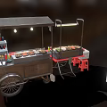 Grilled Skewers At Food Stall With Multiple Trays Red Chairs Black Tables And Condiment Bottles