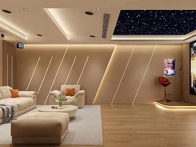 Modern Home Theater Room With Starry Sky Ceiling Sofa Armchair Projection Screen And Lighting Design 3d model