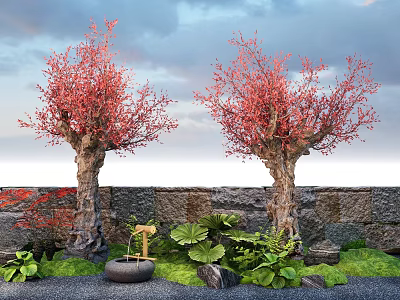Plant Combination With Red Flowering Trees Green Foliage Stone Wall And Fountain 3d model