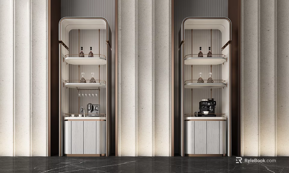 Elegant Modern Wine Cabinet Interior With Metal Frame Glass Shelves Wine Bottles And Glasses 3d model 