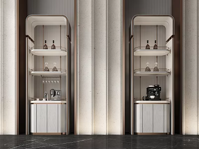 Elegant Modern Wine Cabinet Interior With Metal Frame Glass Shelves Wine Bottles And Glasses 3d model