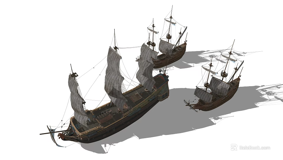 Three Ancient Wooden Sailing Ships With Masts And Full Sails 3d model