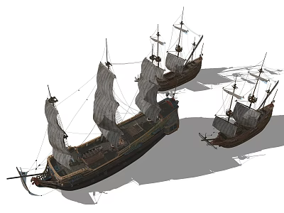 Three Ancient Wooden Sailing Ships With Masts And Full Sails 3d model