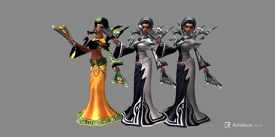 Detailed Game Movie Characters In Yellow And Black White Dresses With Decorative Weapons 3d model 