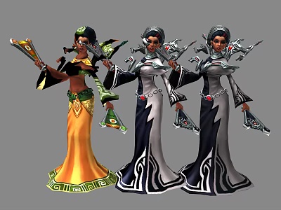 Detailed Game Movie Characters In Yellow And Black White Dresses With Decorative Weapons 3d model