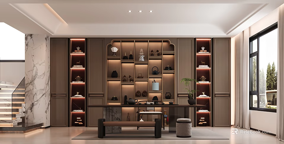Modern Chinese Style Tea Room With Display Shelves And Tea Sets 3d model 