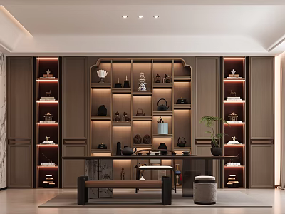 Modern Chinese Style Tea Room With Display Shelves And Tea Sets 3d model