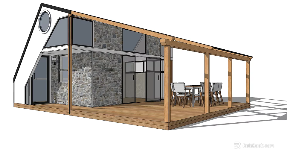 Modern Single Family Home With Stone Wall Large Windows Wooden Deck And Covered Patio 3d model 