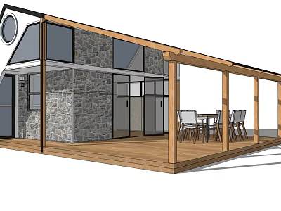 Modern Single Family Home With Stone Wall Large Windows Wooden Deck And Covered Patio 3d model