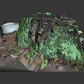 Wood and Stone Miniature Landscape With Moss Covered Stump And Small Plants