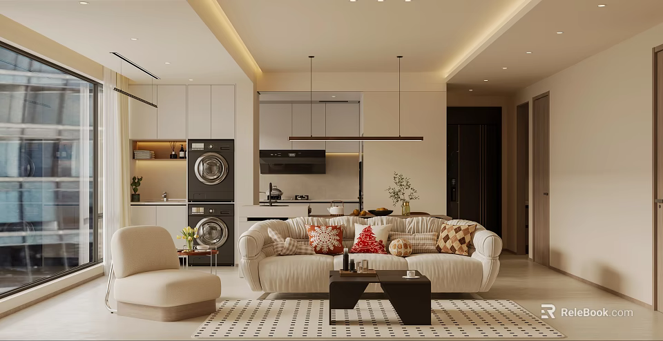 Modern Living and Dining Area Interior With Comfortable Sofa Coffee Table And Pendant Lights 3d model 
