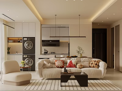 Modern Living and Dining Area Interior With Comfortable Sofa Coffee Table And Pendant Lights 3d model