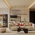 Modern Living and Dining Area Interior With Comfortable Sofa Coffee Table And Pendant Lights 3d model