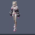 Anime Style Character With Cat Ears Wearing Black Pink Jacket And White Shorts On Light Blue Background
