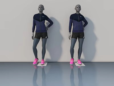 Two Mannequins Wearing Dark Blue Sportswear With Black Shorts And Pink Sneakers 3d model