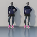 Two Mannequins Wearing Dark Blue Sportswear With Black Shorts And Pink Sneakers