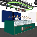Modern Shopping Mall Store With Green Counter Stacked Pastries Staff And Circular Light