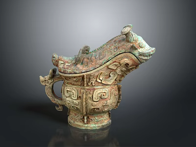 Ancient Chinese Bronze Decorative Vessel With Intricate Patterns And Animal Head Design 3d model