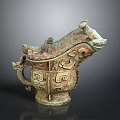 Ancient Chinese Bronze Decorative Vessel With Intricate Patterns And Animal Head Design