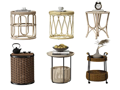 Modern Stylish Rattan Wicker Side Tables With Metal Frame And Decorative Accents 3d model