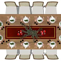 Wooden Dining Table Set With Matching Chairs Tableware And Flower Decorations 3d model